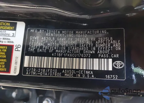 2012 Toyota Camry Le from USA, damaged, VIN 4T1BF1FK6CU176372